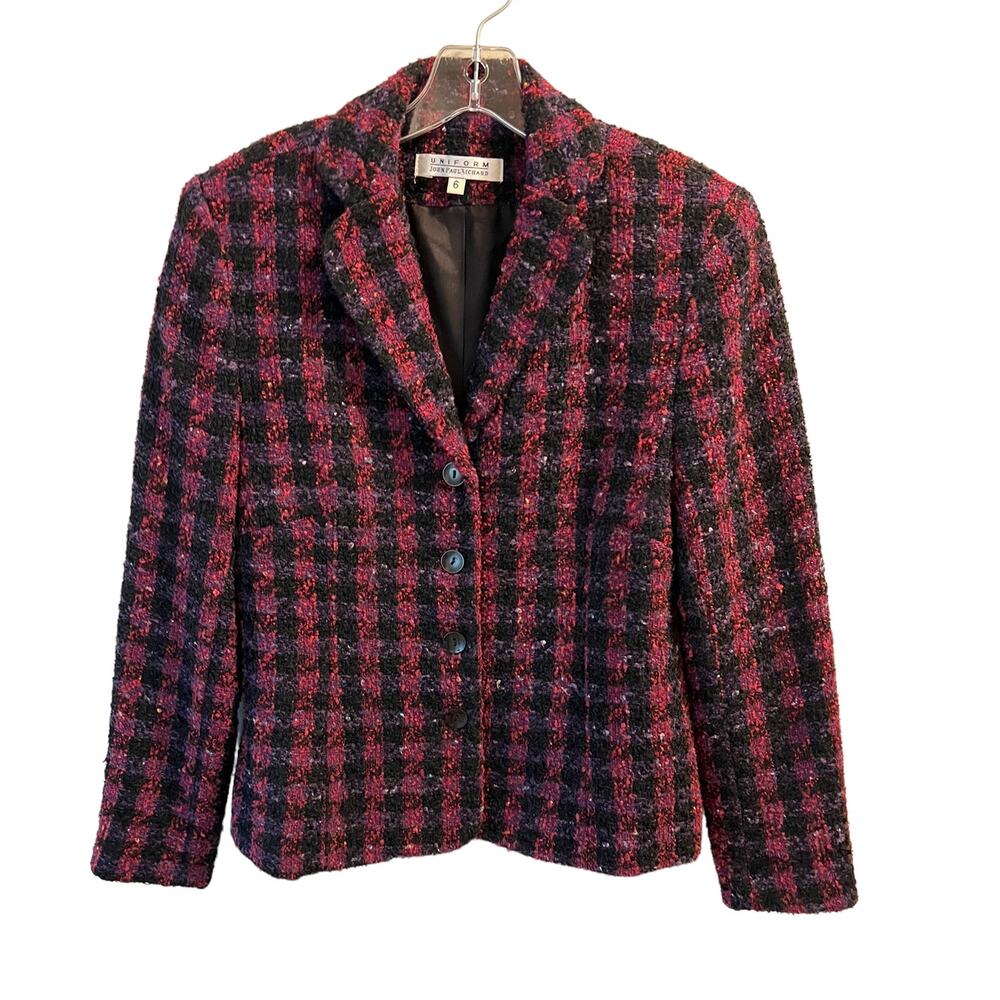 Uniform By John Paul Richard Tweed Wool Blazer Jacket Size 6 Black Pink Purple